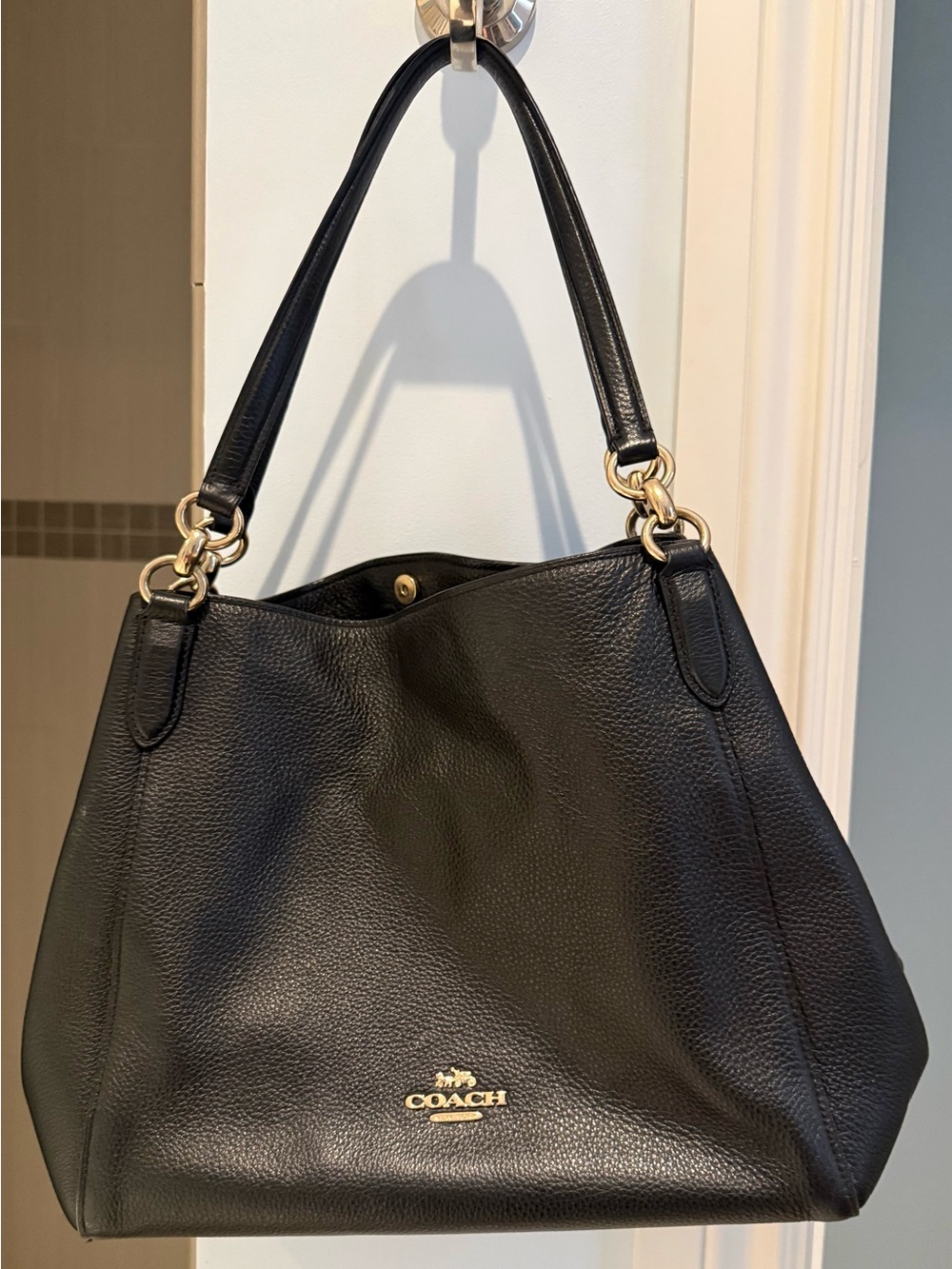 Coach Hallie Black Pebbled Leather Shoulder Bag with Gold Hardware F80268